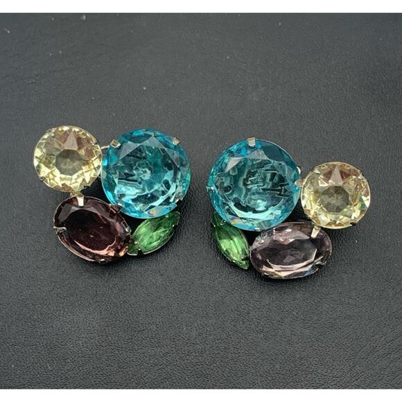 Vintage Stunning Chunky Faceted Glass Clip On Earrings Glow Under Black Light - Picture 3 of 5